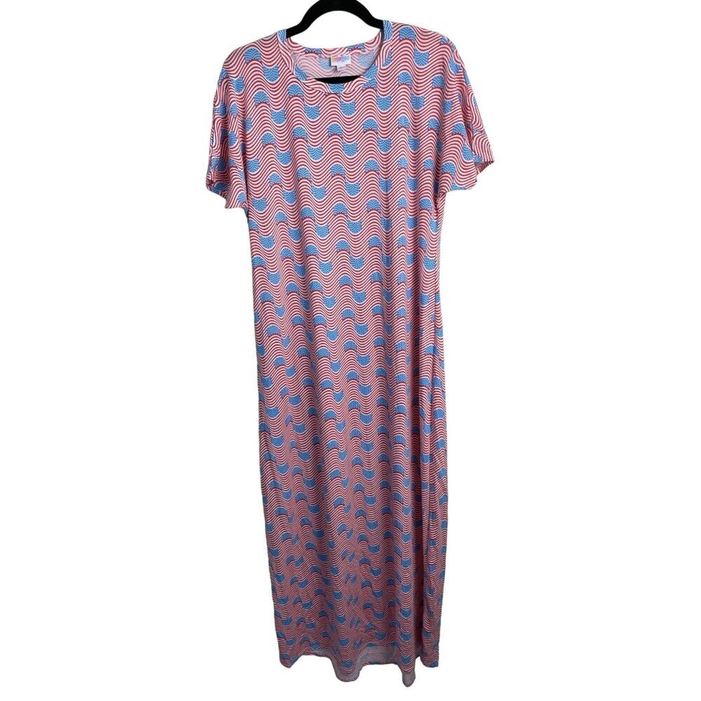 LULAROE Maria Multicolor American Flag Maxi Shirt Dress Medium Americana Patriot